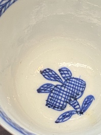 A collection of 15 Chinese blue and white cups and 19 saucers, Kangxi/Yongzheng