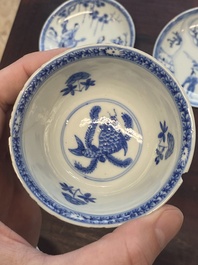 A collection of 15 Chinese blue and white cups and 19 saucers, Kangxi/Yongzheng