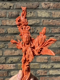 A Chinese red coral figure of Xiwangmu on wooden stand, 19/20th C.
