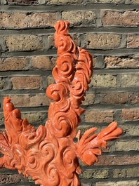 A Chinese red coral figure of Xiwangmu on wooden stand, 19/20th C.
