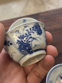 A collection of 15 Chinese blue and white cups and 19 saucers, Kangxi/Yongzheng