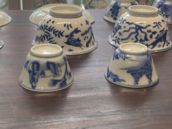 A collection of 15 Chinese blue and white cups and 19 saucers, Kangxi/Yongzheng