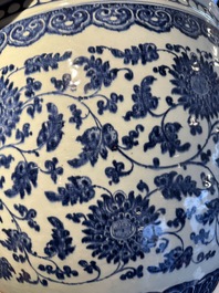 A large Chinese blue and white 'peony scroll' fish bowl, Qianlong/Jiaqing