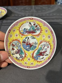 Five Chinese famille rose yellow-ground cups and saucers with 'four arts 四藝' design, Yongzheng