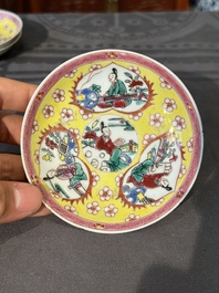 Five Chinese famille rose yellow-ground cups and saucers with 'four arts 四藝' design, Yongzheng