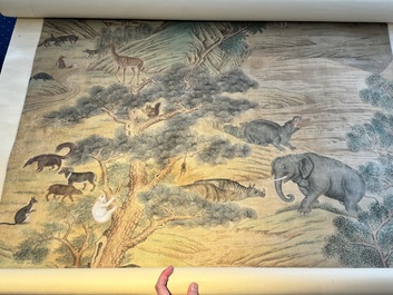 Shen Quan 沈铨 (1682-1760): 'Animals by the mountain', ink and colour on silk, dated 1728