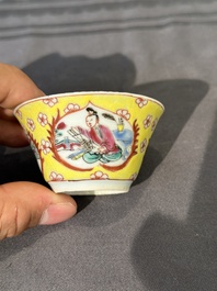 Five Chinese famille rose yellow-ground cups and saucers with 'four arts 四藝' design, Yongzheng