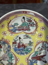 Five Chinese famille rose yellow-ground cups and saucers with 'four arts 四藝' design, Yongzheng