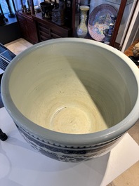 A large Chinese blue and white 'peony scroll' fish bowl, Qianlong/Jiaqing