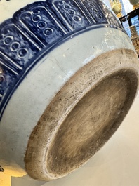 A large Chinese blue and white 'peony scroll' fish bowl, Qianlong/Jiaqing