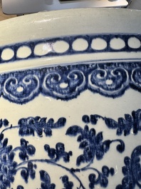 A large Chinese blue and white 'peony scroll' fish bowl, Qianlong/Jiaqing