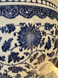A large Chinese blue and white 'peony scroll' fish bowl, Qianlong/Jiaqing