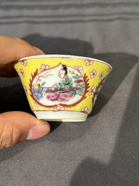 Five Chinese famille rose yellow-ground cups and saucers with 'four arts 四藝' design, Yongzheng