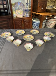 Five Chinese famille rose yellow-ground cups and saucers with 'four arts 四藝' design, Yongzheng