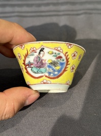 Five Chinese famille rose yellow-ground cups and saucers with 'four arts 四藝' design, Yongzheng