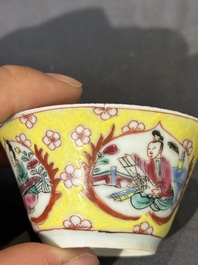 Five Chinese famille rose yellow-ground cups and saucers with 'four arts 四藝' design, Yongzheng