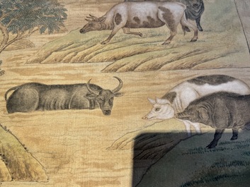 Shen Quan 沈铨 (1682-1760): 'Animals by the mountain', ink and colour on silk, dated 1728