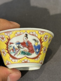 Five Chinese famille rose yellow-ground cups and saucers with 'four arts 四藝' design, Yongzheng