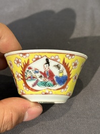 Five Chinese famille rose yellow-ground cups and saucers with 'four arts 四藝' design, Yongzheng