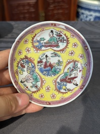Five Chinese famille rose yellow-ground cups and saucers with 'four arts 四藝' design, Yongzheng