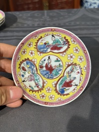 Five Chinese famille rose yellow-ground cups and saucers with 'four arts 四藝' design, Yongzheng