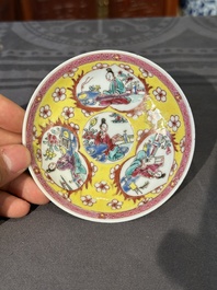 Five Chinese famille rose yellow-ground cups and saucers with 'four arts 四藝' design, Yongzheng