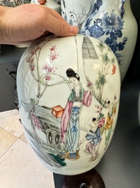 Three Chinese celadon-ground blue and white vases and two famille rose jars, 19/20th C.
