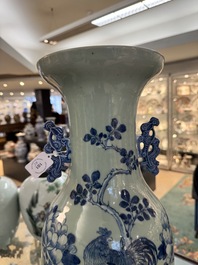 Three Chinese celadon-ground blue and white vases and two famille rose jars, 19/20th C.