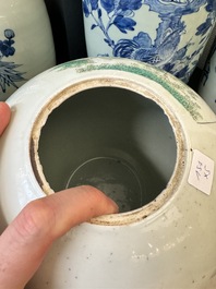 Three Chinese celadon-ground blue and white vases and two famille rose jars, 19/20th C.