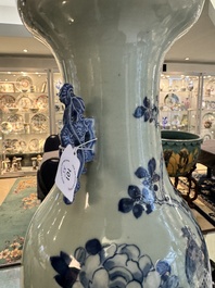 Three Chinese celadon-ground blue and white vases and two famille rose jars, 19/20th C.