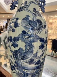 Three Chinese celadon-ground blue and white vases and two famille rose jars, 19/20th C.