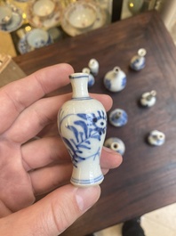 Dertien Chinese blauw-witte miniatuur vazen met floraal decor, Kangxi
