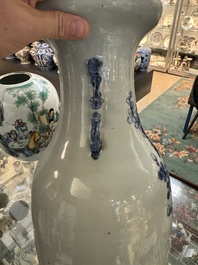 Three Chinese celadon-ground blue and white vases and two famille rose jars, 19/20th C.