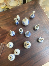 Dertien Chinese blauw-witte miniatuur vazen met floraal decor, Kangxi