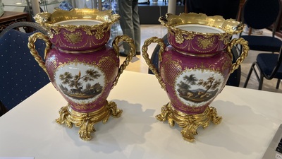 A pair of French parcel-gilt polychrome pink-ground porcelain potpourri vases, Jacob Petit, Paris, 19th C.