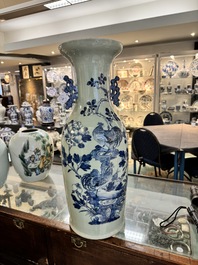 Three Chinese celadon-ground blue and white vases and two famille rose jars, 19/20th C.