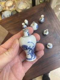 Dertien Chinese blauw-witte miniatuur vazen met floraal decor, Kangxi