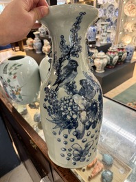 Three Chinese celadon-ground blue and white vases and two famille rose jars, 19/20th C.