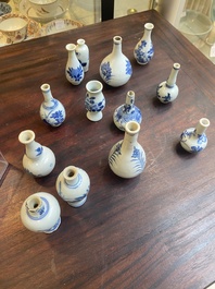 Dertien Chinese blauw-witte miniatuur vazen met floraal decor, Kangxi