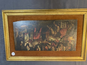 Ecole flamande: 'Faire la f&ecirc;te dans une auberge', huile sur panneau, 17&egrave;me