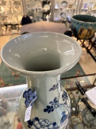 Three Chinese celadon-ground blue and white vases and two famille rose jars, 19/20th C.