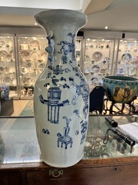 Three Chinese celadon-ground blue and white vases and two famille rose jars, 19/20th C.