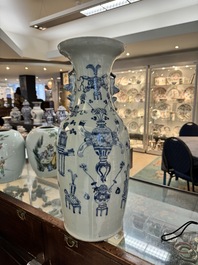 Three Chinese celadon-ground blue and white vases and two famille rose jars, 19/20th C.