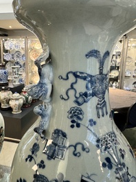 Three Chinese celadon-ground blue and white vases and two famille rose jars, 19/20th C.