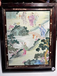 A Chinese famille rose 'eight immortals' plaque in a wooden frame, 18/19th C.