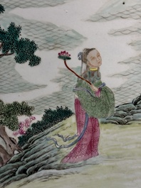 A Chinese famille rose 'eight immortals' plaque in a wooden frame, 18/19th C.