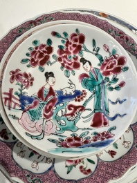 Three Chinese famille rose plates and ten saucers, Yongzheng/Qianlong