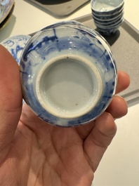 13 Chinese blue and white cups and 14 saucers with figural and dragon design, Kangxi/Yongzheng
