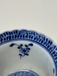 Eleven Chinese blue and white 'crab and fish' cups and saucers, Kangxi mark, Guangxu