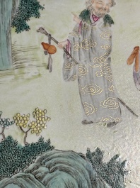 A Chinese famille rose 'eight immortals' plaque in a wooden frame, 18/19th C.